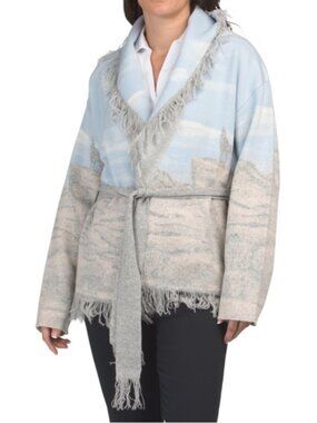 Greyson Fringed Belted Open Cardigan in Sky Blue and Light Gray